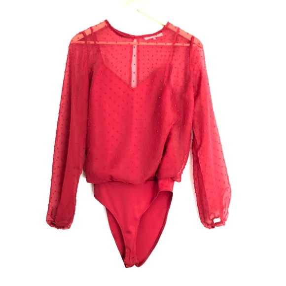 WAYF RED SHEER BLOUSE BODYSUIT WITH LINING - Picture 2 of 7